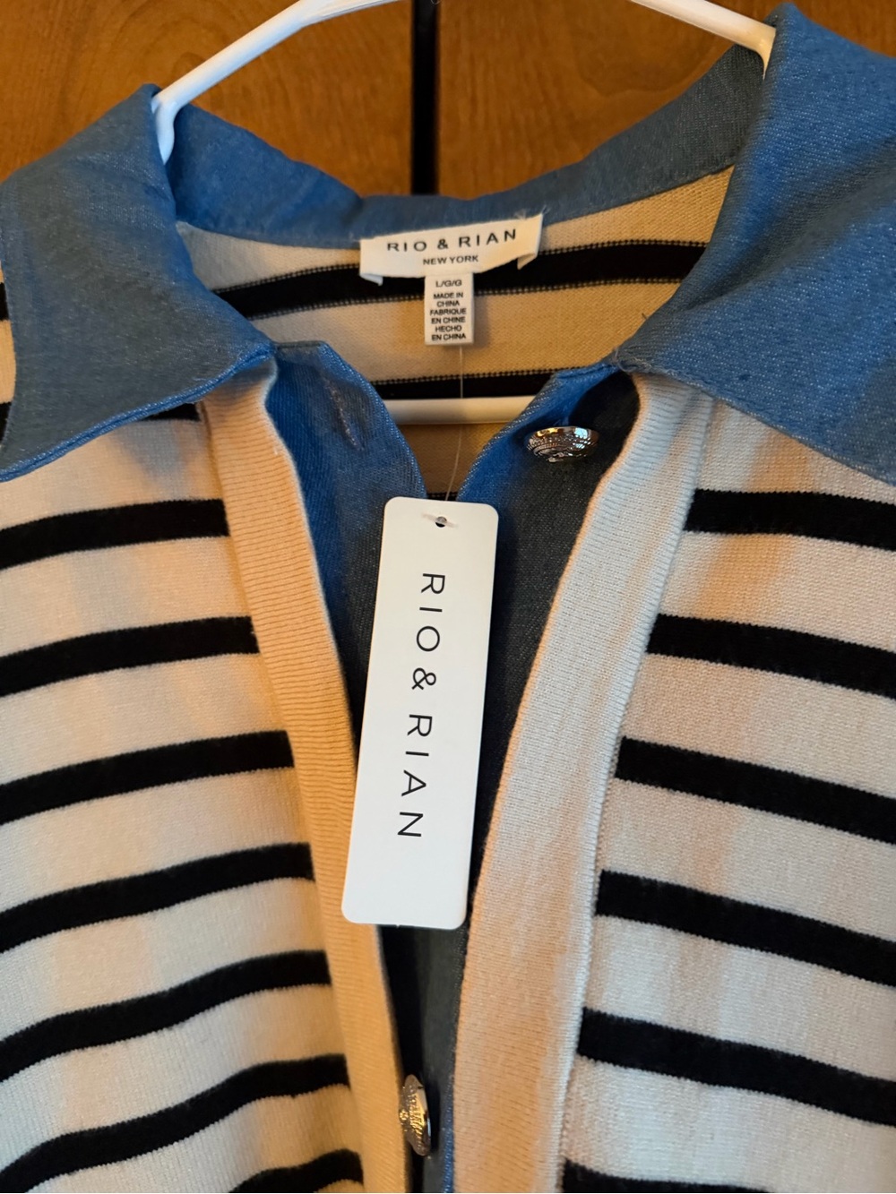 Striped Knit Jacket in Cream and Black with Blue Collar